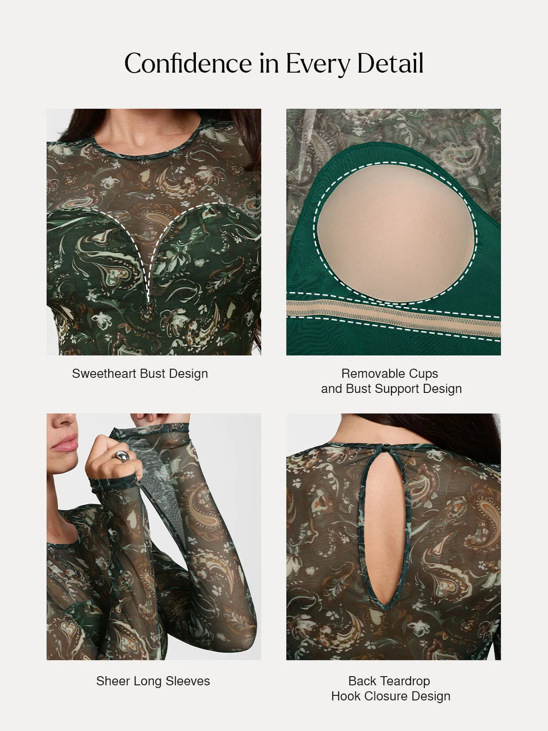 Popilush® Shapewear Paisley Mesh Sleeve Sweetheart Bodysuit(DRAFT)
