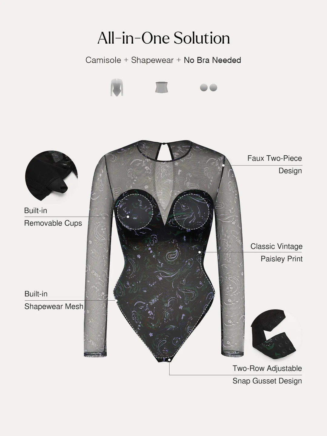 Popilush® Shapewear Paisley Mesh Sleeve Sweetheart Bodysuit(DRAFT)