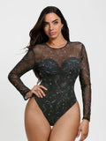 Popilush® Black / XS Shapewear Paisley Mesh Sleeve Sweetheart Bodysuit(DRAFT)