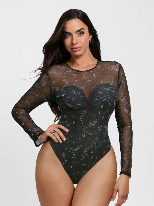 Shapewear Paisley Mesh Long Sleeve Sweetheart Bodysuit