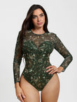 Popilush® Forest Green Floral / XS Shapewear Paisley Mesh Sleeve Sweetheart Bodysuit(DRAFT)