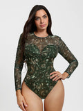 Popilush® Forest Green Floral / XS Shapewear Paisley Mesh Sleeve Sweetheart Bodysuit(DRAFT)