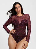 Popilush® Red Paisley / XS Shapewear Paisley Mesh Sleeve Sweetheart Bodysuit(DRAFT)