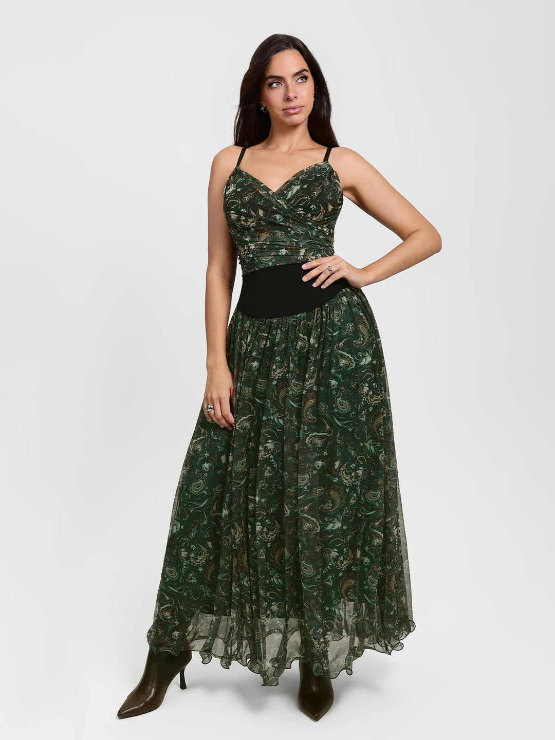 Popilush® Forest Green Floral / XS Shapewear Paisley Sculpting Corset Top or High Waist A-Line Maxi Skirt