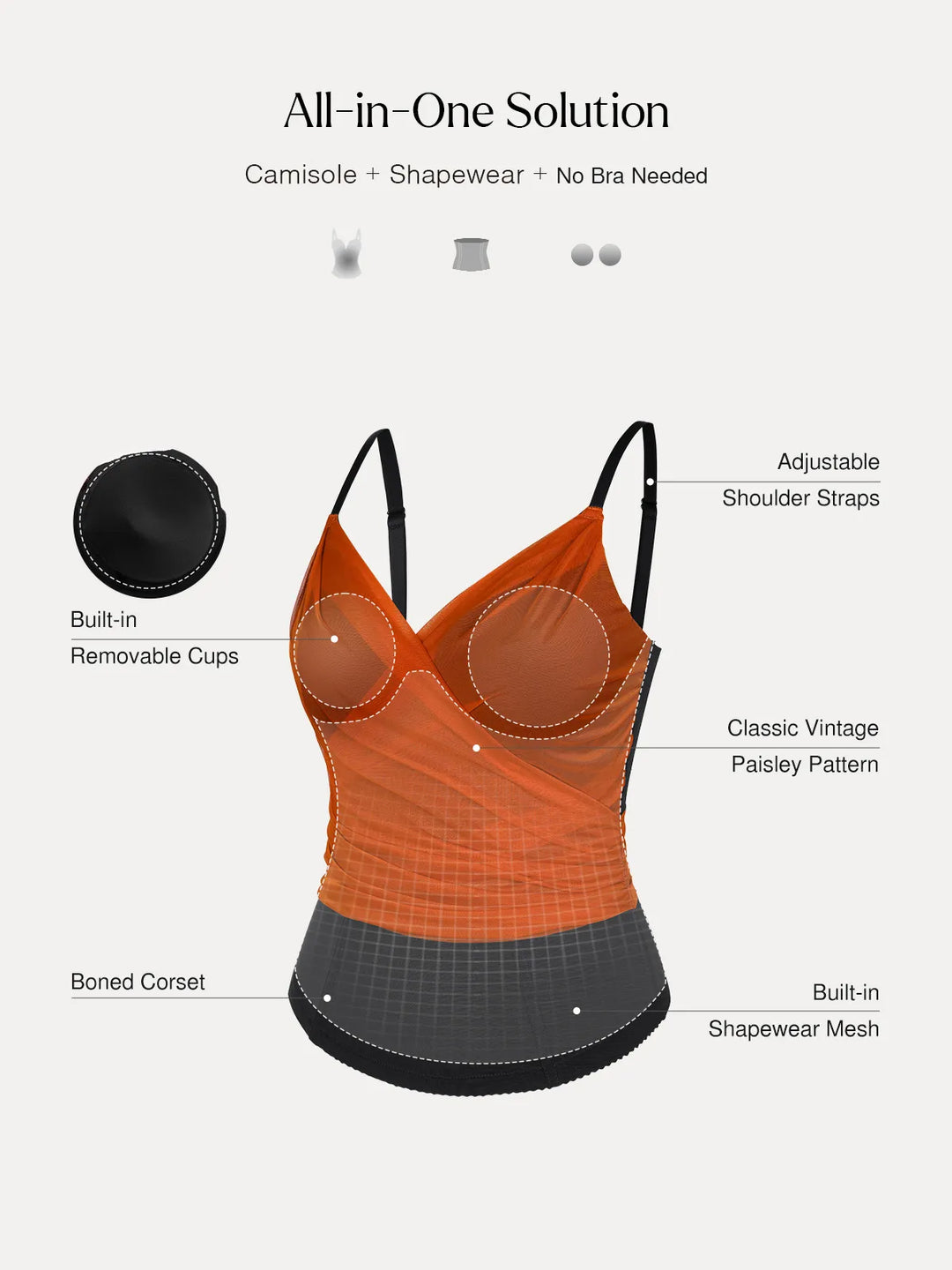 Popilush® Shapewear Paisley V Neck Mesh Cami Corset Top