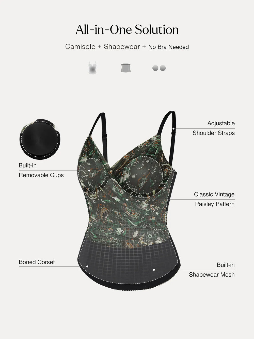 Popilush® Shapewear Paisley V Neck Mesh Cami Corset Top