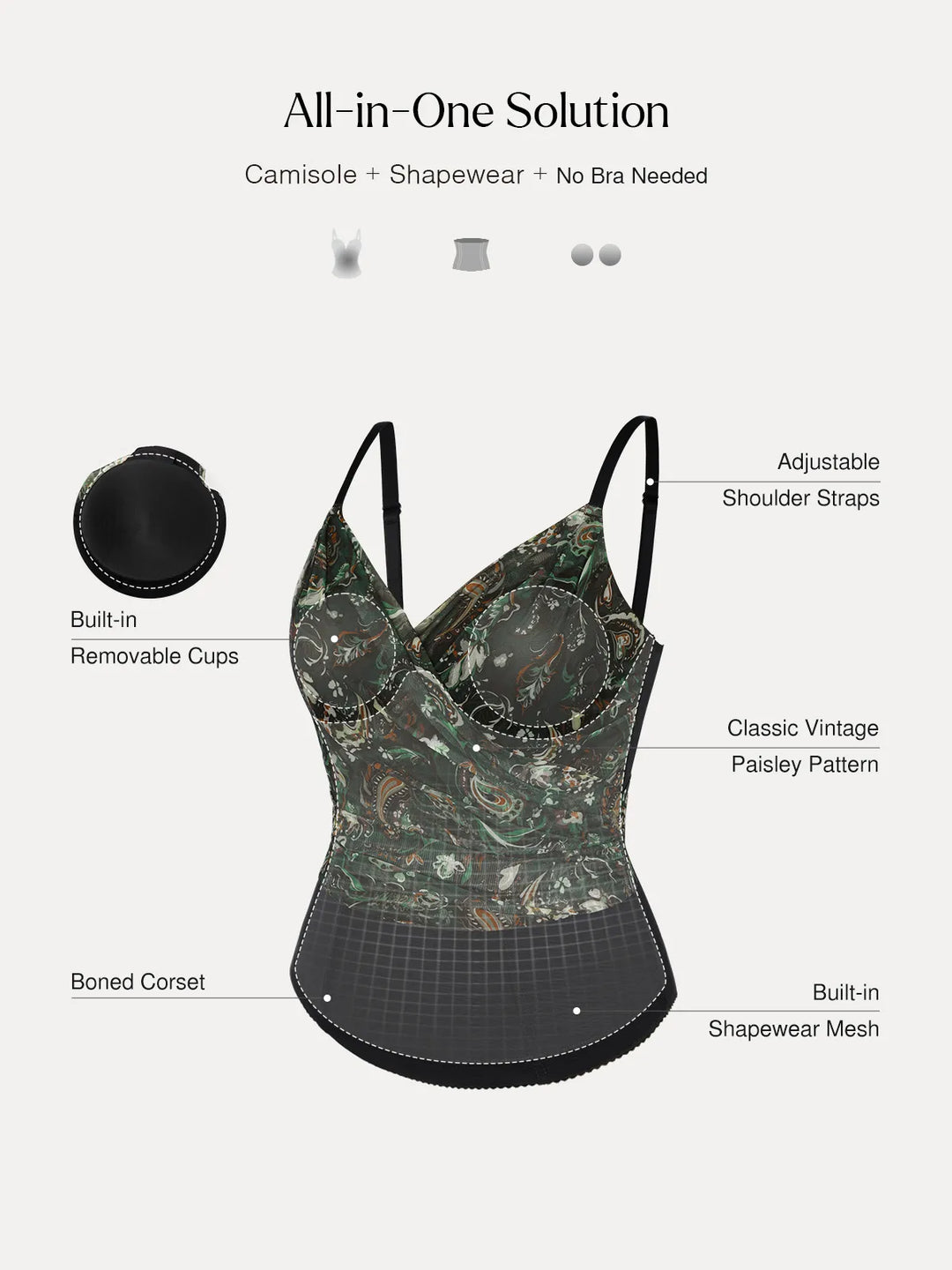 Popilush® Shapewear Paisley V Neck Mesh Cami Corset Top