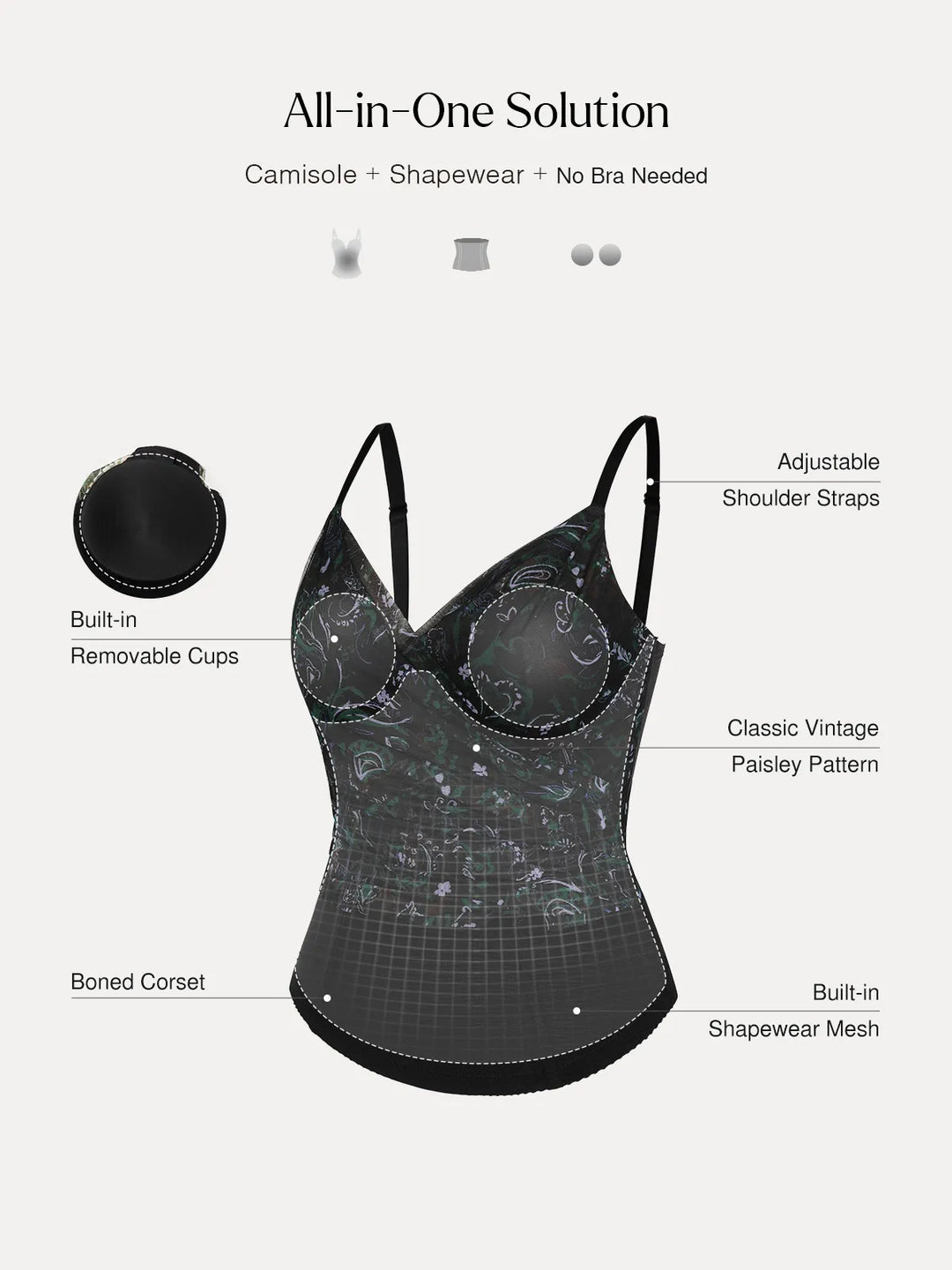 Popilush® Shapewear Paisley V Neck Mesh Cami Corset Top