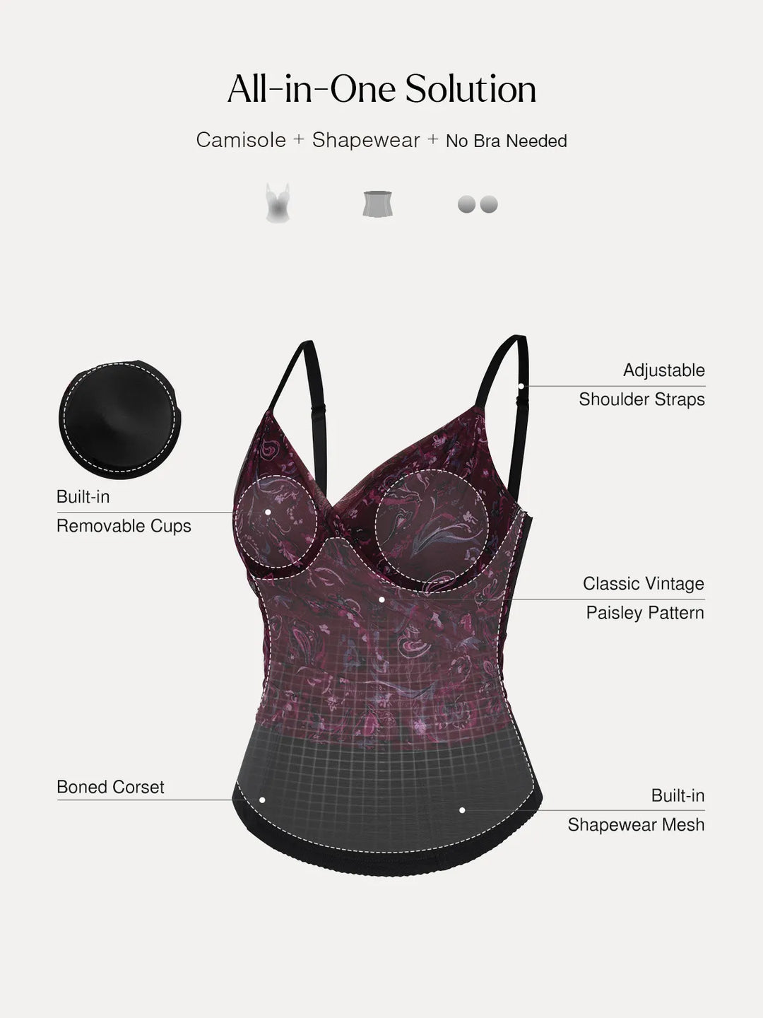 Popilush® Shapewear Paisley V Neck Mesh Cami Corset Top