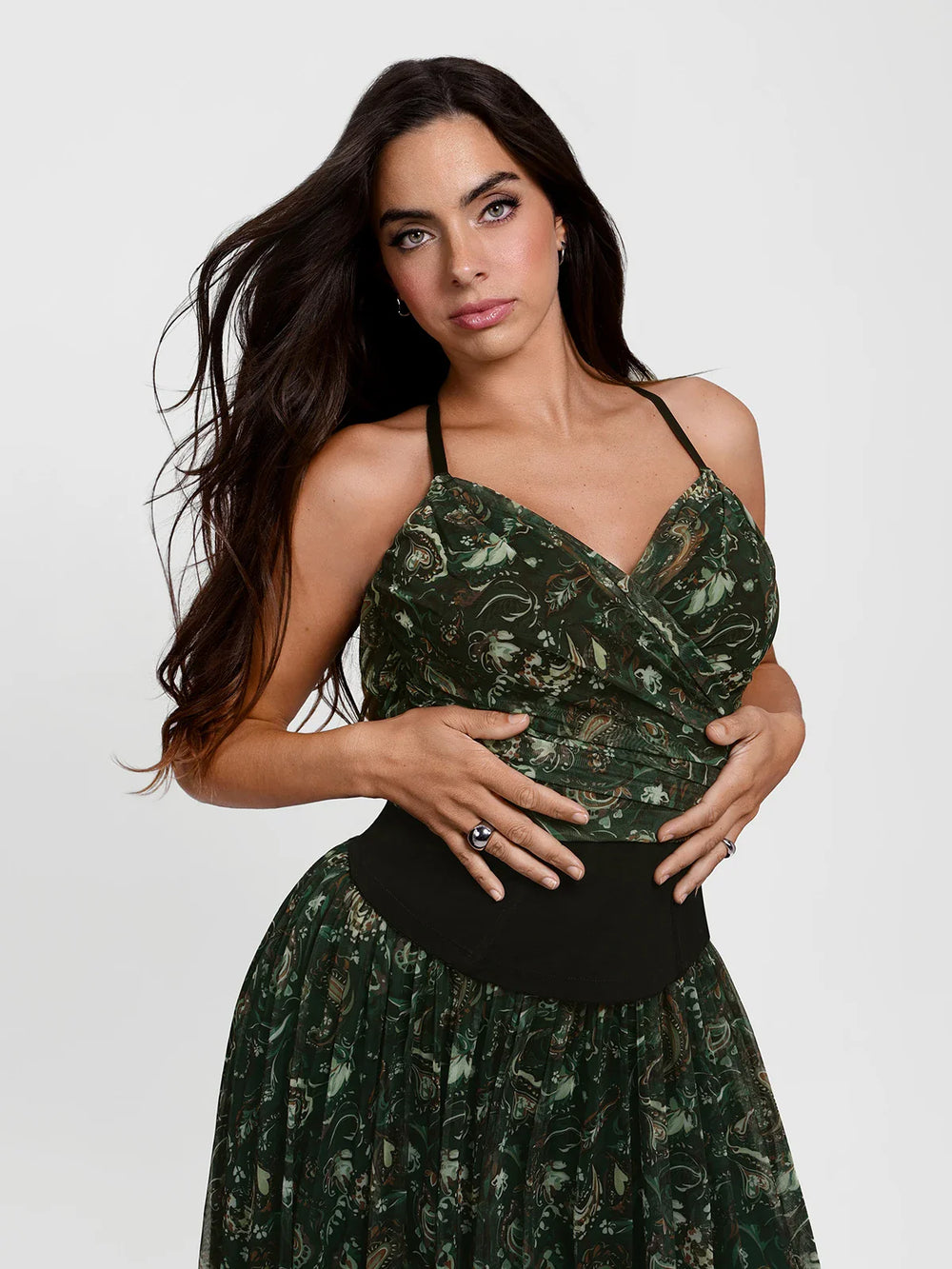 Popilush® Forest Green Floral / XS Shapewear Paisley V Neck Mesh Cami Corset Top