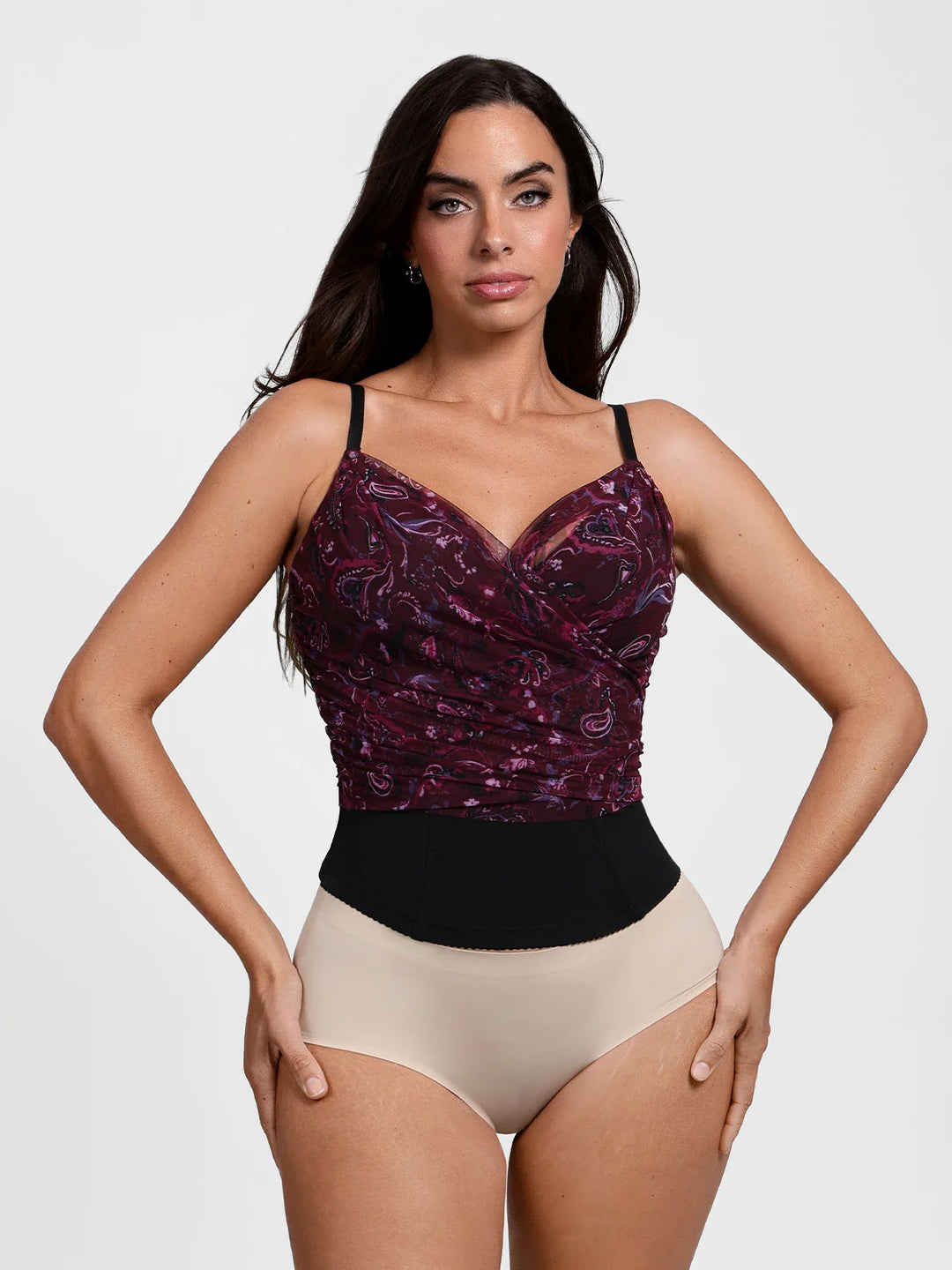 Popilush® Red Paisley / XS Shapewear Paisley V Neck Mesh Cami Corset Top