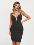 Black shapewear bodycon mini dress with plunging lace trim V-neck.