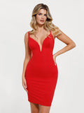Popilush® Sculpting Formal Party Bodycon Cocktail Gown Red / XS Shapewear Plunging V Lace Trim Bodycon Mini Dress