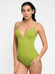 Chartreuse slimming shapewear one-piece swimsuit with plunging V-neck and tummy control.