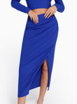 Elegant blue midi skirt from Popilush® with a high-waisted design and leg slit.