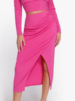 Pink midi skirt with high-waisted fit and slit design, made by Popilush®