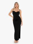Shapewear Ruched Bias Twist Tummy Control Maxi Dress in black with spaghetti straps and side slit.