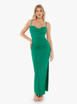 Green ruched bias twist tummy control maxi dress with spaghetti straps and side slit.