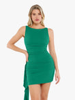 Green ruched bodycon mini dress with asymmetrical cascade detail