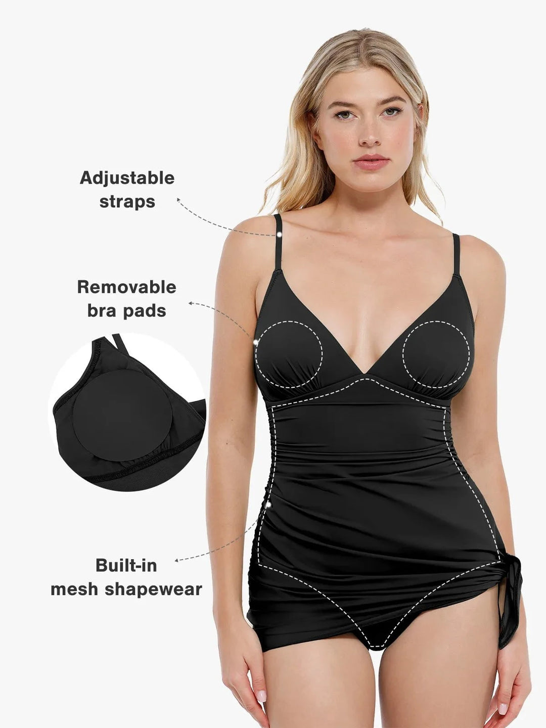 Popilush® Tummy Control One Piece Swim Dress Shapewear Ruched Convertible One-Piece Swimsuit