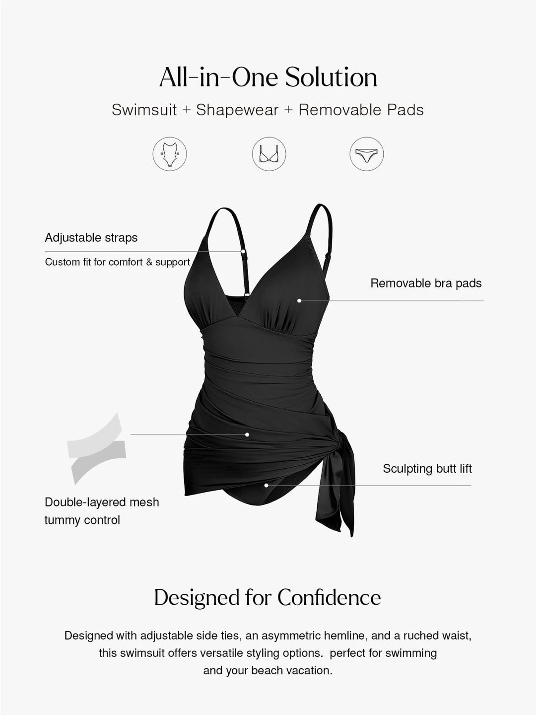 Popilush® Tummy Control One Piece Swim Dress Shapewear Ruched Convertible One-Piece Swimsuit