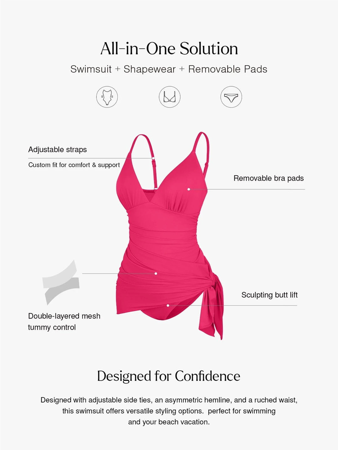 Popilush® Tummy Control One Piece Swim Dress Shapewear Ruched Convertible One-Piece Swimsuit
