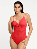 Popilush® Tummy Control Slimming Swimwear Shapewear Ruched Cross-Front Sculpting One-Piece Swimsuit