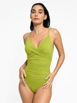 Chartreuse ruched cross-front sculpting shapewear one-piece swimsuit