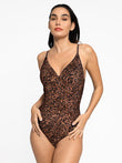 Ruched leopard print shapewear one-piece swimsuit with V-neck & tummy control.