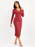 Popilush® Formal Bodycon Party Winter Dress Shapewear Ruched Long Sleeve Faux Wrap Slimming Midi Dress