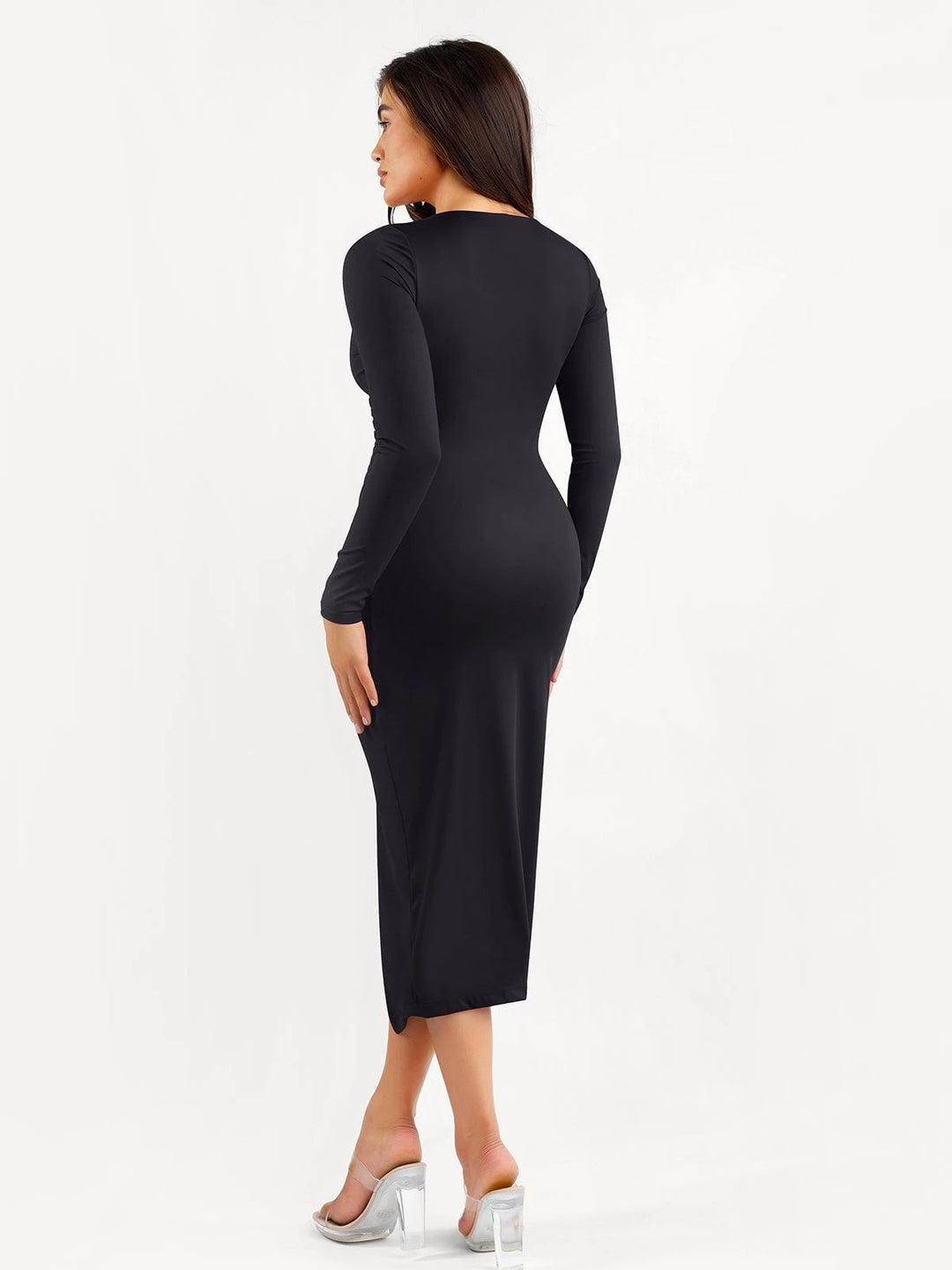 Ruched Long-Sleeve Slimming Midi Dress | Built-In Shapewear - Popilush Ruched Long-Sleeve Slimming Midi Dress | Built-In Shapewear - Popilush