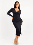 Black long sleeve ruched faux wrap slimming midi dress with V-neck and slit