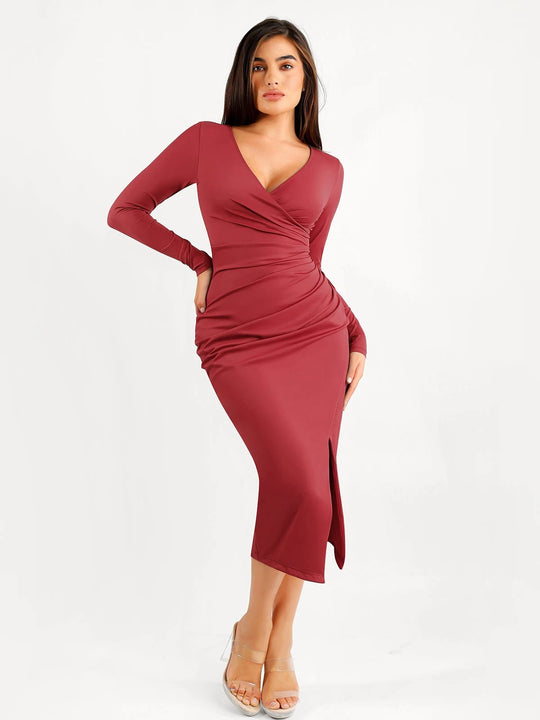 Popilush® Formal Bodycon Party Winter Dress Red / S Shapewear Ruched Long Sleeve Faux Wrap Slimming Midi Dress