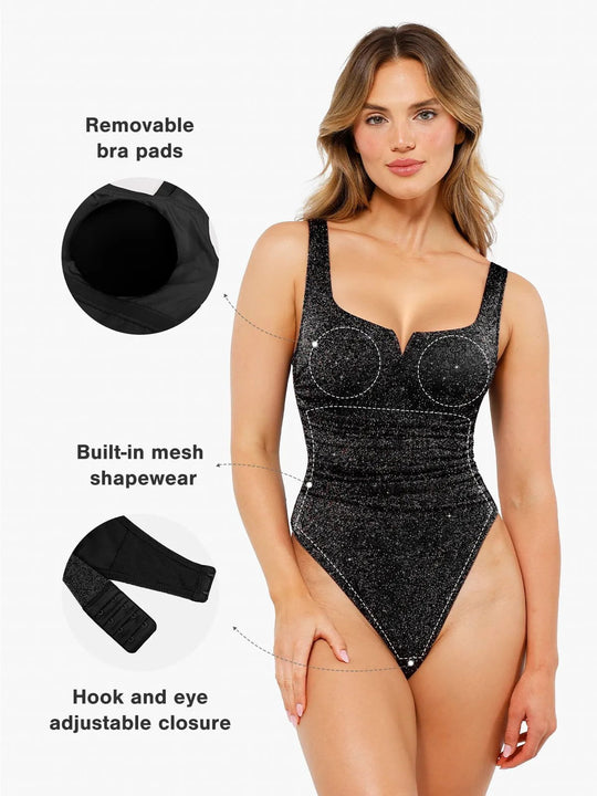 Shapewear bodysuit with square neck and built-in support, Popilush® design.