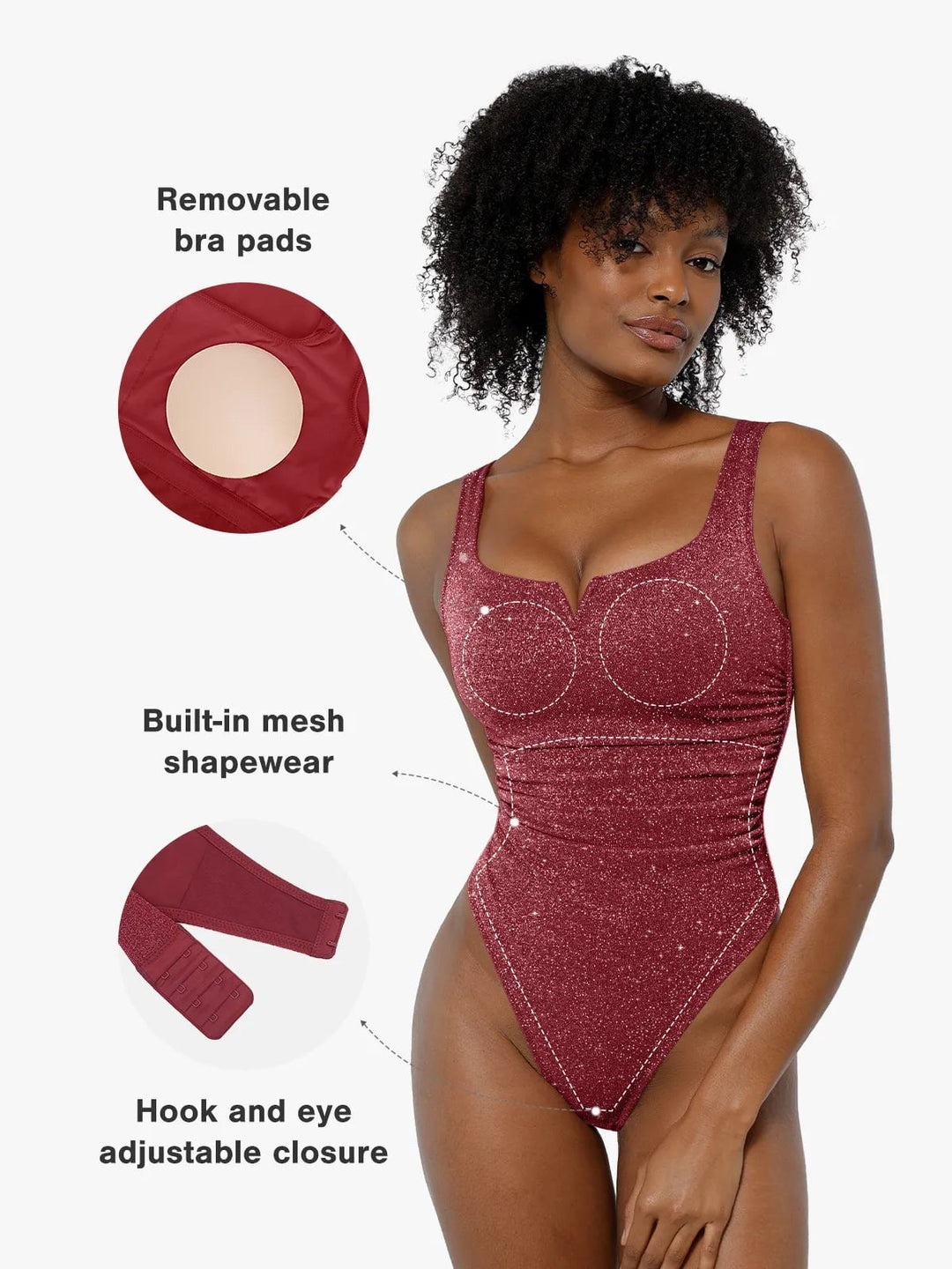 Ruched Metallic Square Neck Slimming Bodysuit | Shapewear - Popilush Ruched Metallic Square Neck Slimming Bodysuit | Shapewear - Popilush