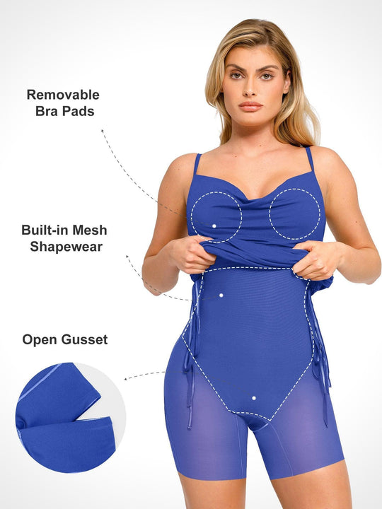 Blue ruched modal bodycon slip dress showcasing built-in shapewear, removable bra pads, and open gusset.