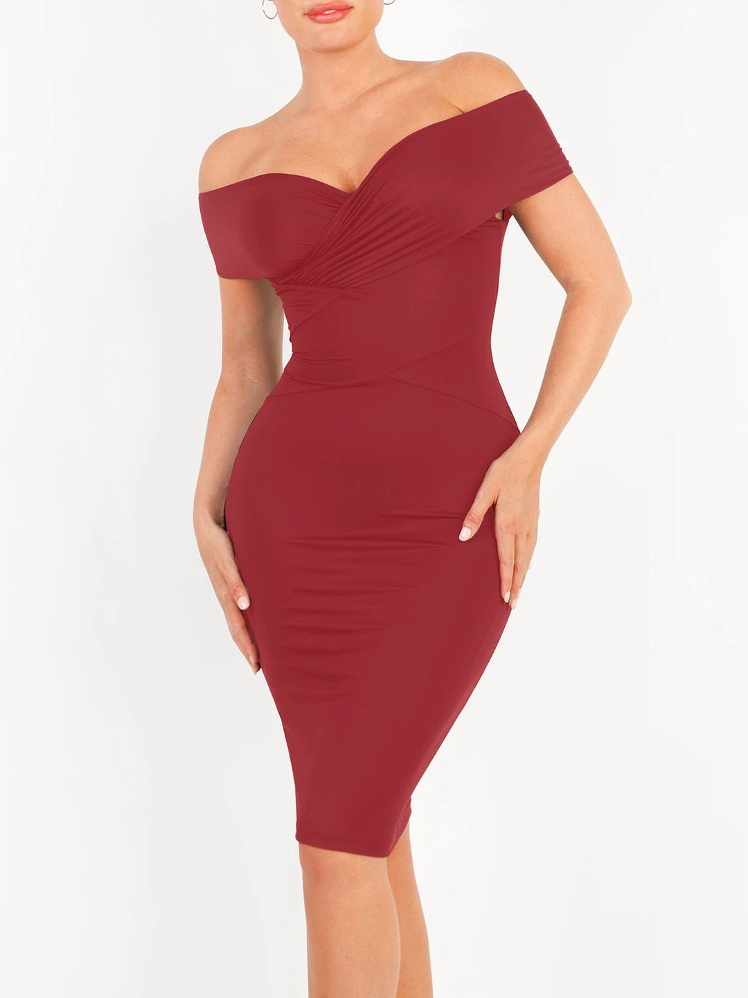 Popilush® Formal Bodycon Party Summer Dress Shapewear Ruched Off-Shoulder Sculpting Midi Dress