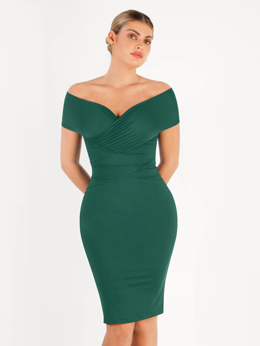Ruched Off-Shoulder Midi Dress | Built-In Shapewear - Popilush Ruched Off-Shoulder Midi Dress | Built-In Shapewear - Popilush