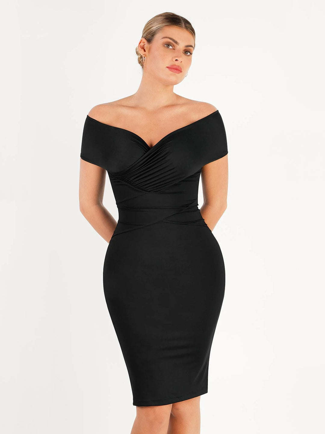 Popilush® Formal Bodycon Party Summer Dress Black / S Shapewear Ruched Off-Shoulder Sculpting Midi Dress