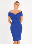 Blue ruched off-shoulder midi dress with V-neck neckline, built-in shapewear for sculpting effect.
