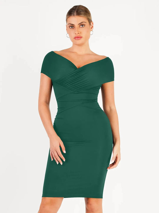 Popilush® Formal Bodycon Party Summer Dress Green / S Shapewear Ruched Off-Shoulder Sculpting Midi Dress