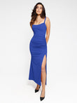 Royal blue ruched side slit slimming maxi slip dress with shapewear.