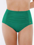 Green ruched tummy control bikini brief with high waist and subtle logo detail.