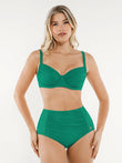 Green ruched tummy control bikini set with adjustable straps and high-waisted bottoms featuring side detailing.