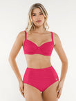 Ruched tummy control bikini set in vibrant pink with adjustable straps and high-waisted bottoms.
