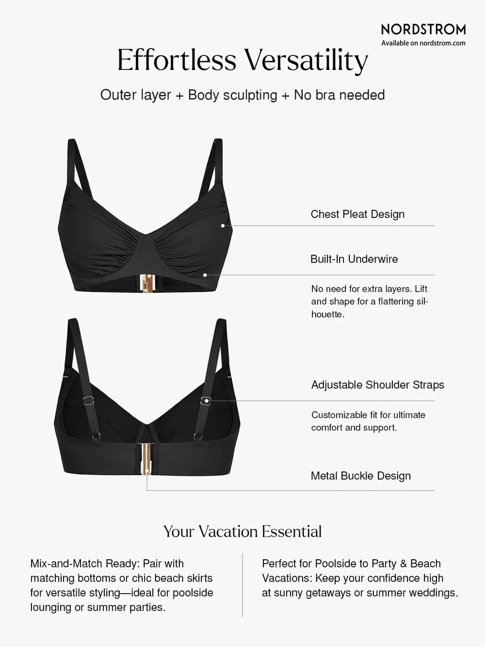 Popilush® Two-piece Swimsuit Shapewear Ruched Underwire Bikini Top