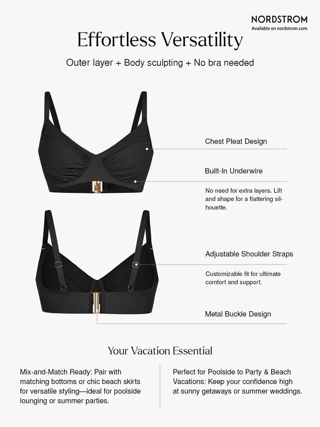 Popilush® Two-piece Swimsuit Shapewear Ruched Underwire Bikini Top