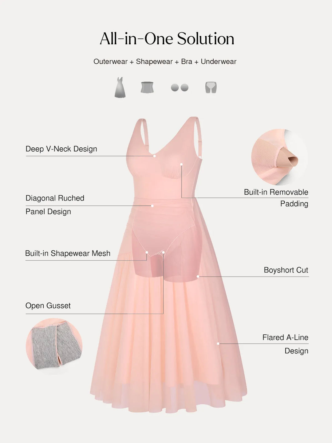 Popilush® Shapewear Ruched V-Neck A-Line Maxi Dress