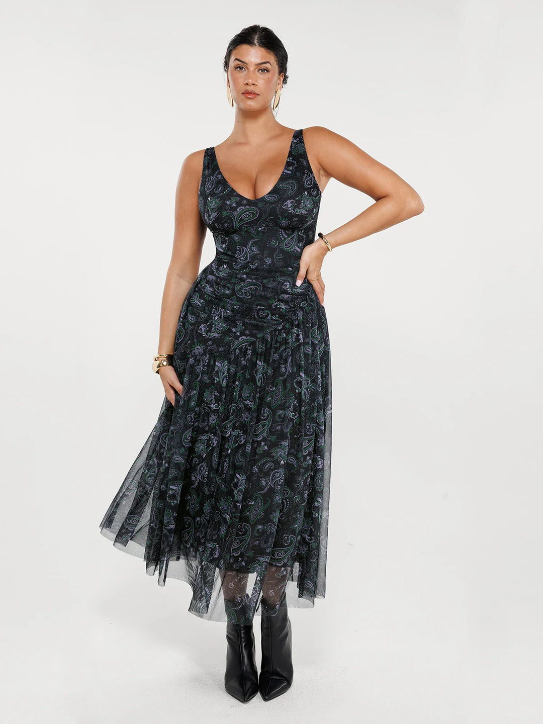 Popilush® Black Paisley / XS Shapewear Ruched V-Neck A-Line Maxi Dress