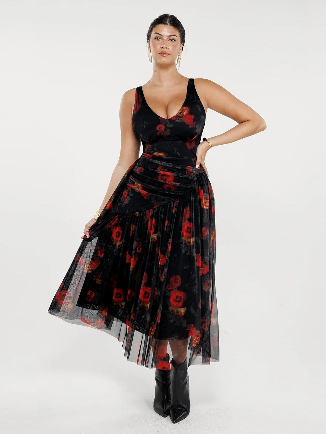 Popilush® Burgundy Floral / XS Shapewear Ruched V-Neck A-Line Maxi Dress